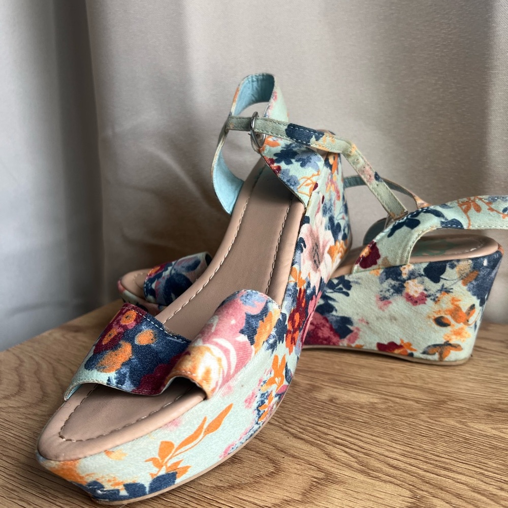 Floral Multi-Color Wedge Sandals with Ankle Strap